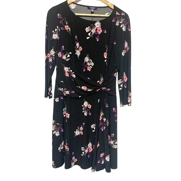NWOT Chaps Floral Black/Red/Pink Women's 3/4 Sleeves Midi Dress Size L - Picture 3 of 10